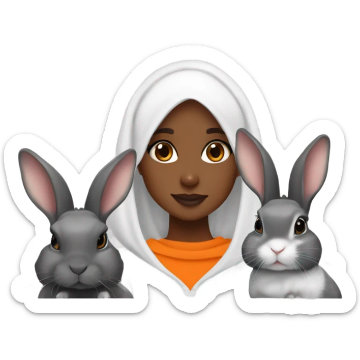 Black Muslim girl and her 3 cute orange, gray, and mix colored holland lop bunnies sticker