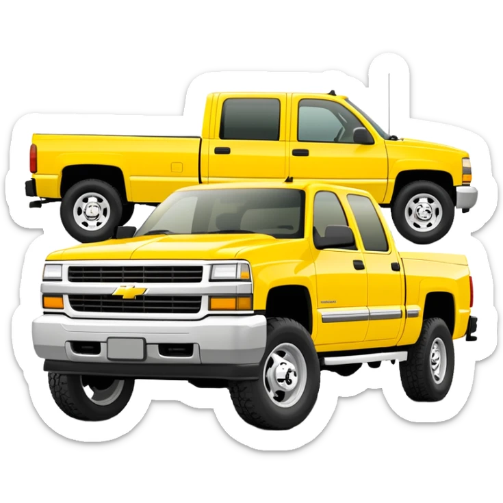 Geometric bright yellow 1997 Chevrolet Silverado C-2500 Crew Cab pickup truck, 30-degree view, clean lines, same yellow as in Kill Bill, minimalist approach, iOS emoji style sticker