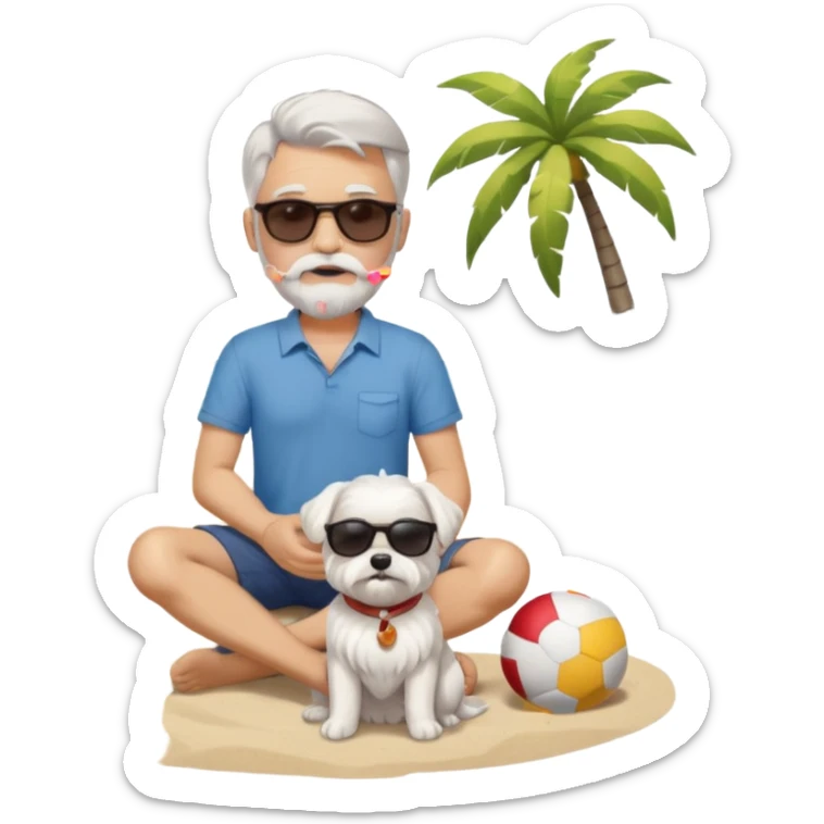 white man grey hair beard holding a white Maltese sitting on a beach full body sticker
