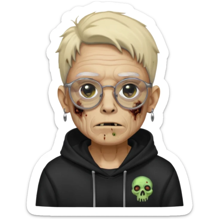 Chico moreno zombie, con gafas y sudadera negra, dos aretes en la oreja izquierda y dos en la derecha, ojeras en los ojos y sticker