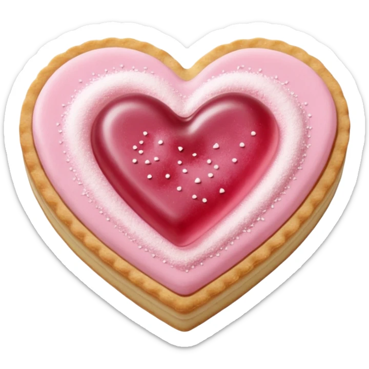 Realistic shortbread cookie in the shape of a heart with pale pink jelly middle filling and sprinkled powder sugar on top. sticker