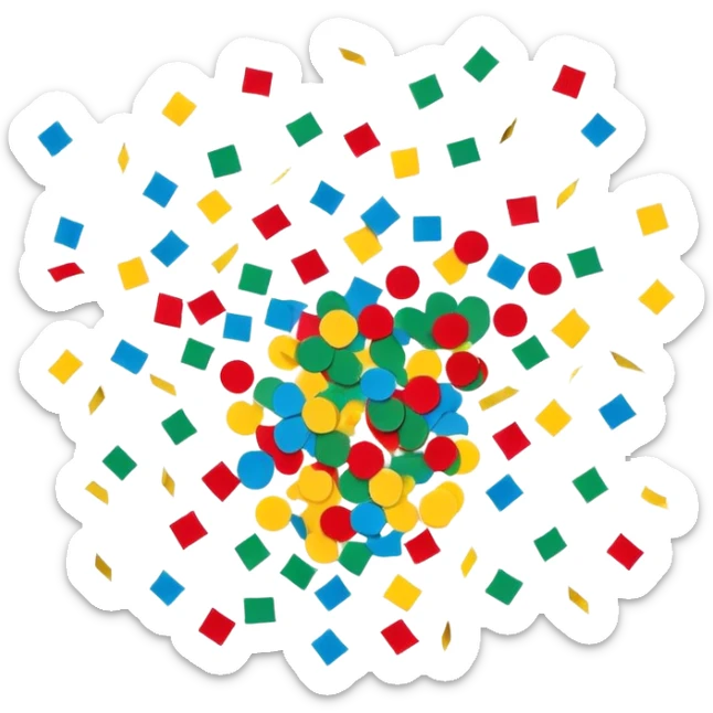 Colorful confetti pieces floating in the air, scattered randomly with a sense of motion. The confetti includes small paper strips and round shapes in vibrant colors like red, blue, yellow, and green. Soft shadows and subtle transparency give a light and festive feel. Flat, modern illustration, clean and minimal, white background. sticker