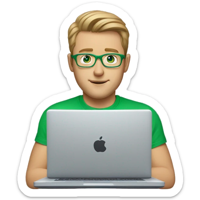 white man with blue eyes and light brown hair and square glasses wearing green t-shirt using laptop sticker