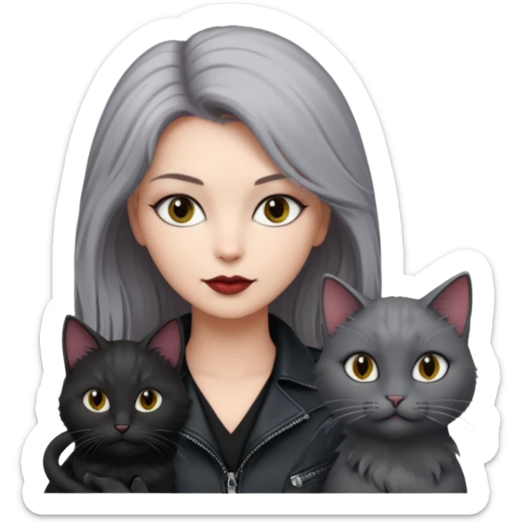 femme aux yeux gris, cheveux court bordeaux avec cuir noir, accompagné d'un chat poils longs gris clair et d'un chat poils ras noirs sticker