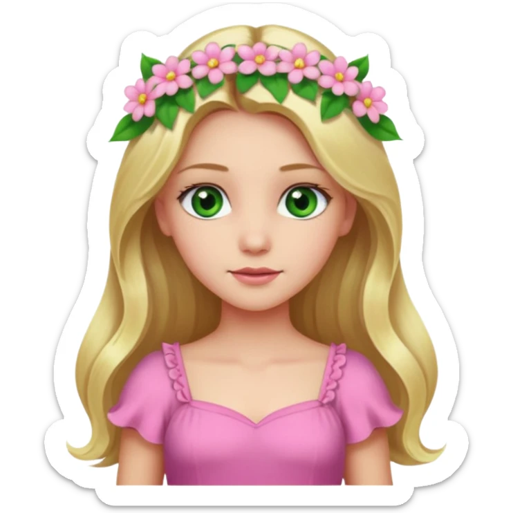 Girl profile picture with long blonde hair and green eyes and a flower in her hair. and a pink outfit sticker