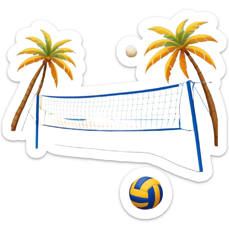 A volleyball resting on the orange sand ground of a beach, with a volleyball net in the background. The scene captures a sunny beach atmosphere with clear blue sea and sky, palm trees swaying, and people in swimsuits enjoying the vibrant surroundings sticker