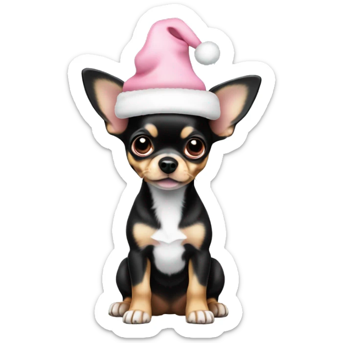 black & tan chihuahua puppy full body light blue eyes pink christmas hat on sticker