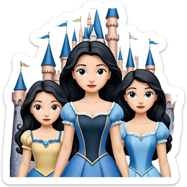 Quiero que crees una imagen donde este el castillo de Disney y por detrás o delante pon a 4 chicas: una con el pelo largo rizado marrón , otra con el pelo muy corto negro, como un chico, otra con el pelo mediano liso marrón con ojos azulesy otra con el pelo negro largo liso . Todos son color carne.  sticker