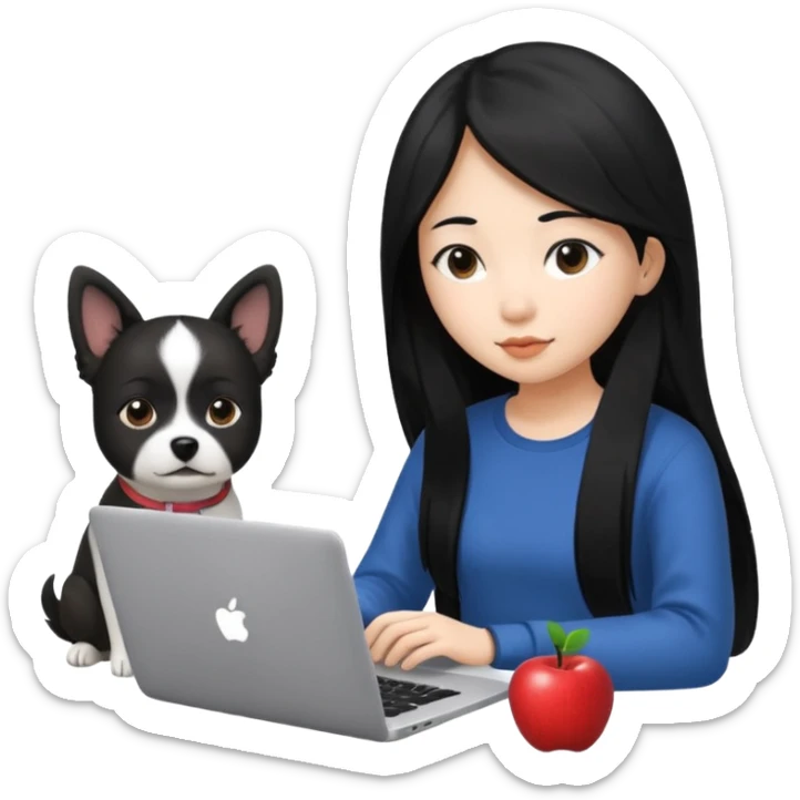 Asian girl with long black hair working on an Apple laptop, next to her is a small black and white dog with no collar on  sticker