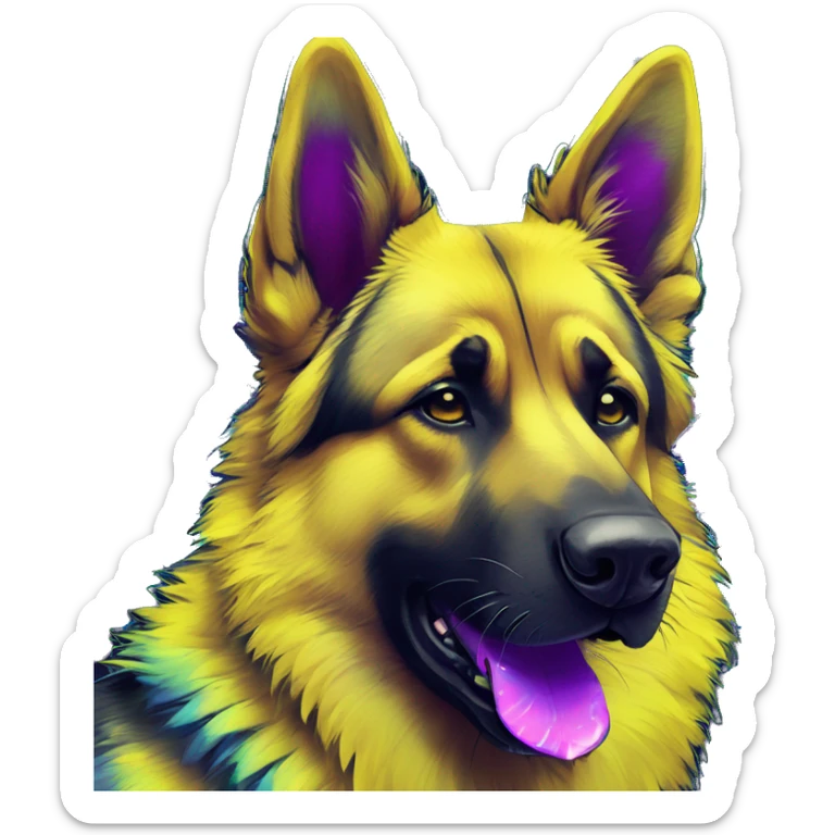 .Zombie_ Vaporwave black holographic oilslick zombie yellow German shepherd dog yellow caution tape graffiti stripes iridescent blue purple mane yellow stripes sticker