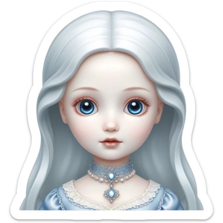Cinematic, Ultra realistic 32k HD, hauntingly beautiful porcelain doll, Balanced features, highly detailed, glowing with silver light, high shine, remembrance, a painting of white silver, fanciful, enchanting, ghostly. The image is so lifelike it could leap off the canvas at any moment sticker