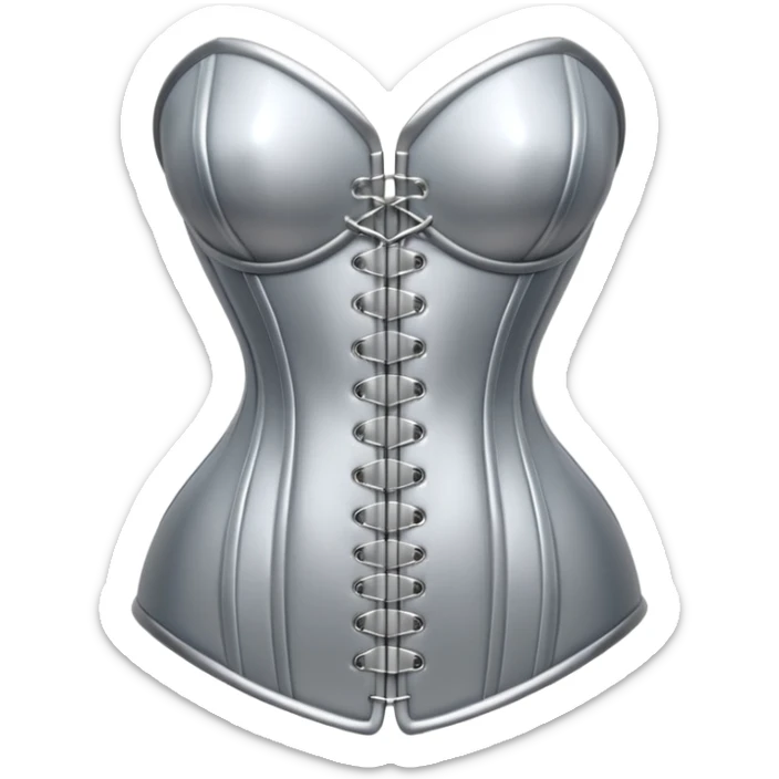 A luxury corset emoji made of silver chrome, smooth metallic curves, minimal fashion silhouette, glossy reflections, sensual high-end aesthetic, iOS emoji style, centered, clean white background sticker