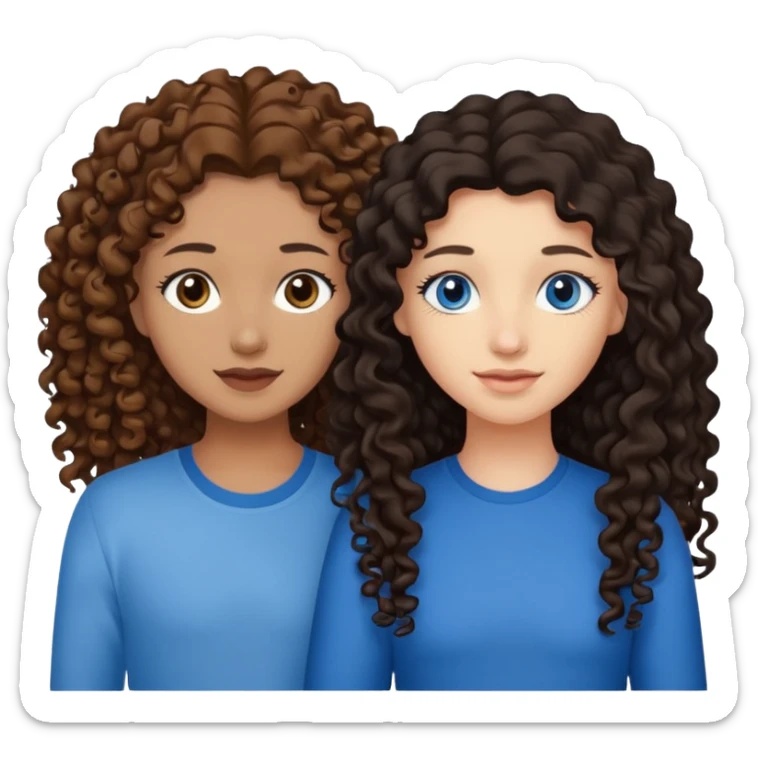 Two best friends .bestie 1: beige skin with brown long hair and blue eye. Bestie 2:mixed race skin with curly black hair and brown eye sticker
