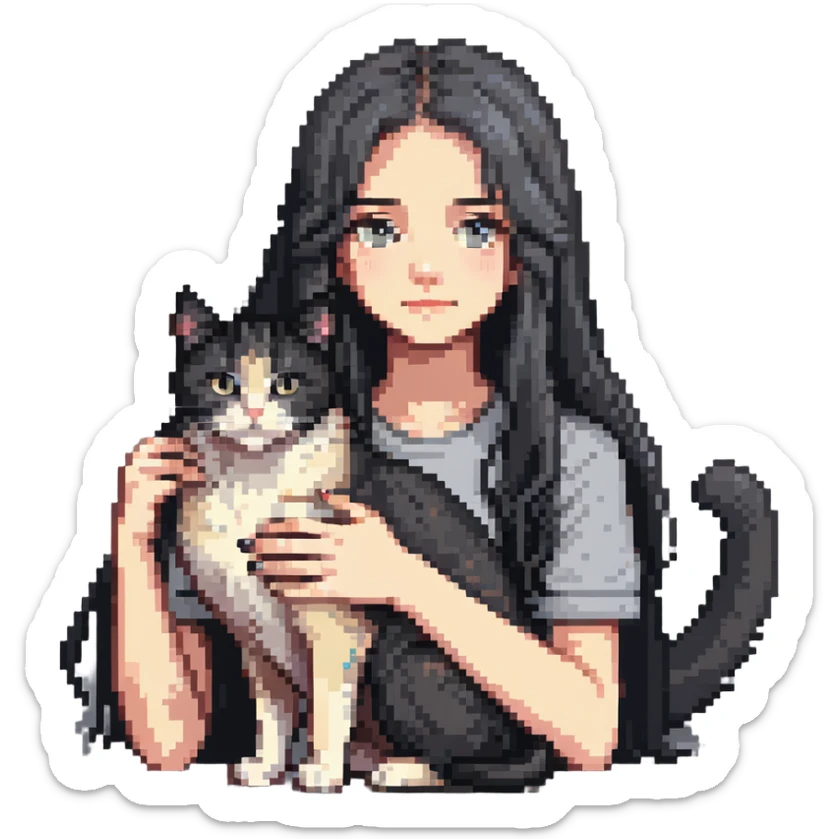 Beautiful girl with long black hair petting a gray and blonde mixed cat sticker