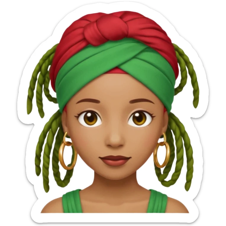 Non-portrait Jayci-vibe emoji, 1024 PNG, transparent. Headwrap (muted R-G-G), hoops, locs hint; soft smile, golden inner glow + faint heart aura. Embed: first-love, roots calm, playful grace, protective joy, consent. sticker