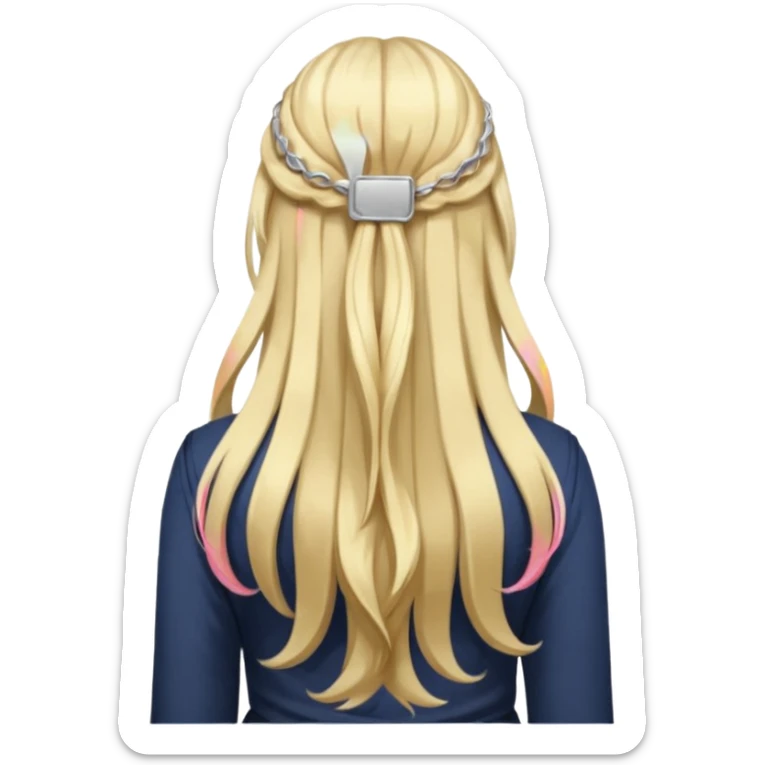 a girl facing backwards so that her hair is showing, long hair that is wavy. she has her hair in a style of half-up-half-down with a small claw-clip securing the hair of the head where the hair strands meet. hair is a platinum blonde color and dark blonde highlights.  sticker