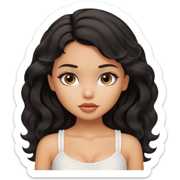 a pretty bratz tan girl with wavy black hair wearing a white cami top. Skintone is tan sticker