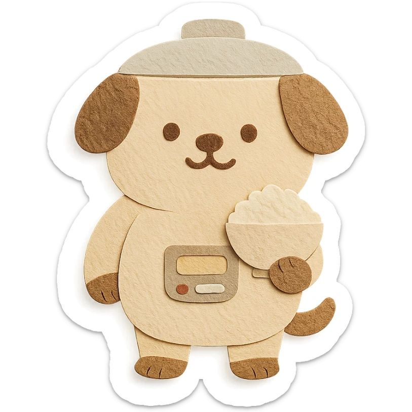 round-bellied rice cooker dog, holding a rice bowl, soft cream and brown tones, full-body sticker