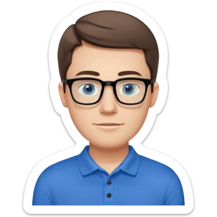 Scott The WozYoung white man, late 20s, short brown hair, blue eyes, clean-shaven, thin black rectangular glasses, slim build, wearing a blue polo shirt, friendly and energetic look. sticker