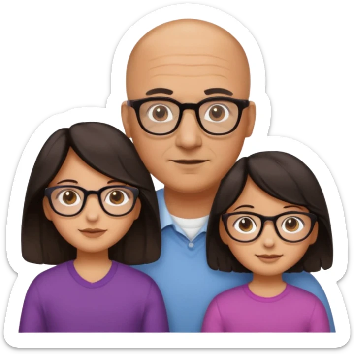 Papà calvo con occhiali, mamma capelli neri occhi marroni no occhiali, figlia capelli marroni mossi e occhiali tartarugati con montatura spessa occhi marroni, figlia capelli lisci marroni occhiali neri con montatura grande e fina occhi marroni  sticker