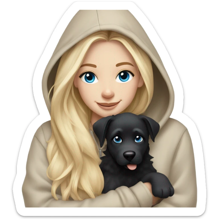White girl blue eyes Blonde balayage long hair beige hoodie cuddling happy black dog sticker