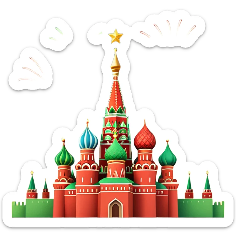 Apple style 3D emoji of New Year fireworks over Moscow. Vibrant multi-colored sparkling bursts (red, gold, green) in the sky. Below, a simplified glossy 3D silhouette of the Kremlin towers with glowing red stars. 
в более пастельных оттенках sticker