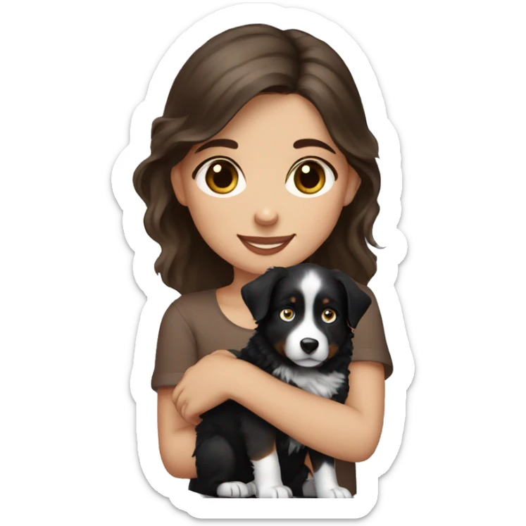 girl with brown hair and blue eyes holding black australian shepherd puppy sticker