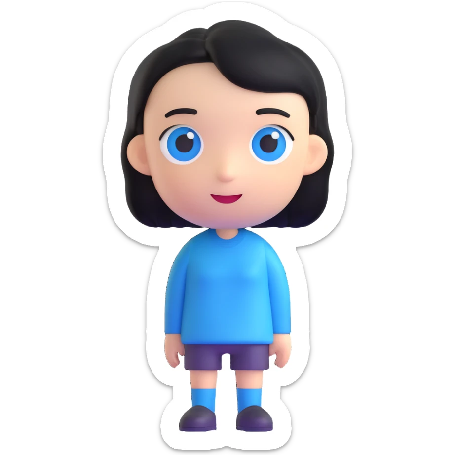 AI emoji character with black hair and blue eyes, standing straight forward, slightly smiling sticker