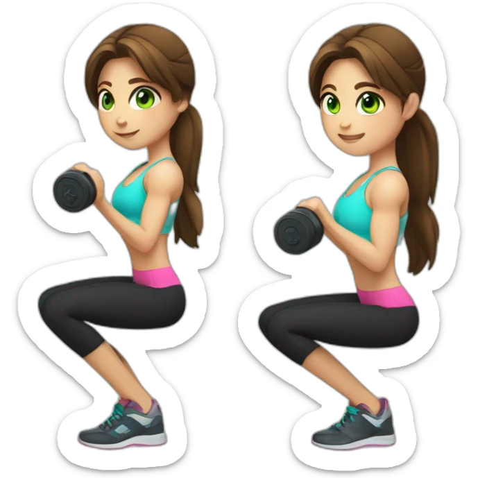 girl gym trainer with brown hair green eyes holding dumbbell sticker