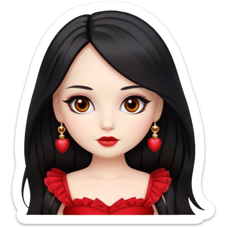 fair skin, long black straight hair, brown eyes, doll-like make up, wearing a red coquette dress, close up sticker