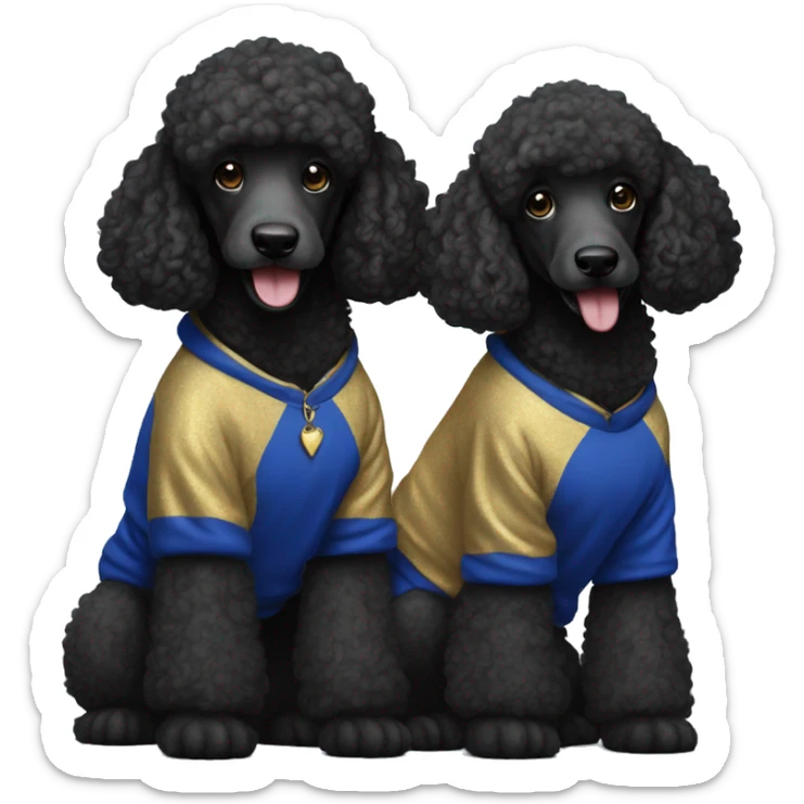 Two black poodles wearing royal blue and gold hoodies sticker