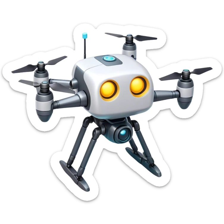 Clash of Clans aesthetic: Cinematic Playful 3D Isometric Robot Drone Emoji, rendered in a 3D vector-style similar to standard emojis with minimal shading and bold, simplified shapes. A compact, distinct form with signature details, softly glowing with a futuristic sci-fi warfare charm. Simplified yet unmistakably iconic, highly detailed and consistent, glowing with a soft radiance and high shine. Stylized with a touch of high-tech brilliance and a soft glowing outline, capturing the essence of a beloved gaming relic with a friendly, playful manner! sticker