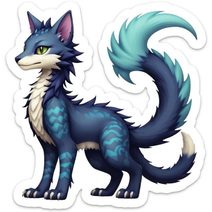 Kawaii dark edgy fantasy feline-vernid-sergal-fursona animal creature with a tufted tail full body with intricate markings  sticker