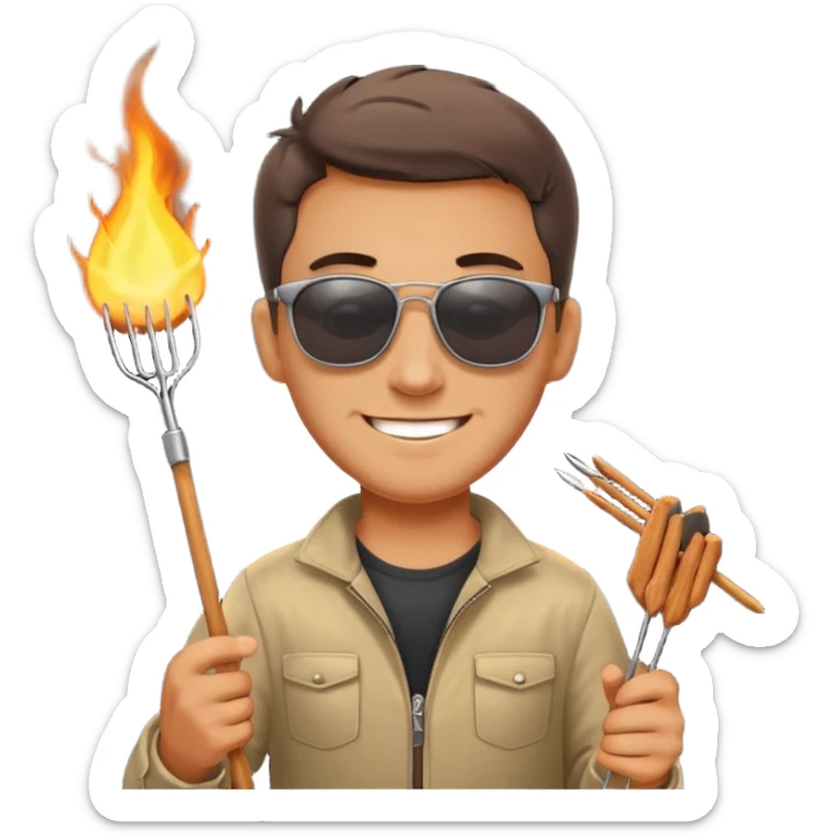 A guy in sunglasses holding tongs, proudly turning skewers over glowing charcoal. sticker