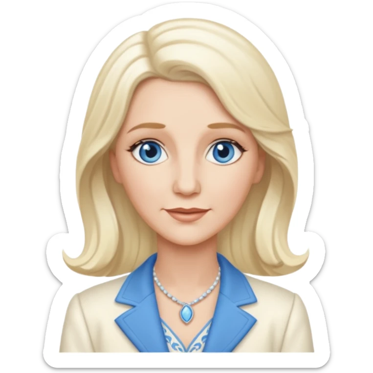 Patty Andrews from the Andrews Sisters with long platinum blonde hair, blue eyes, ivory outfit sticker