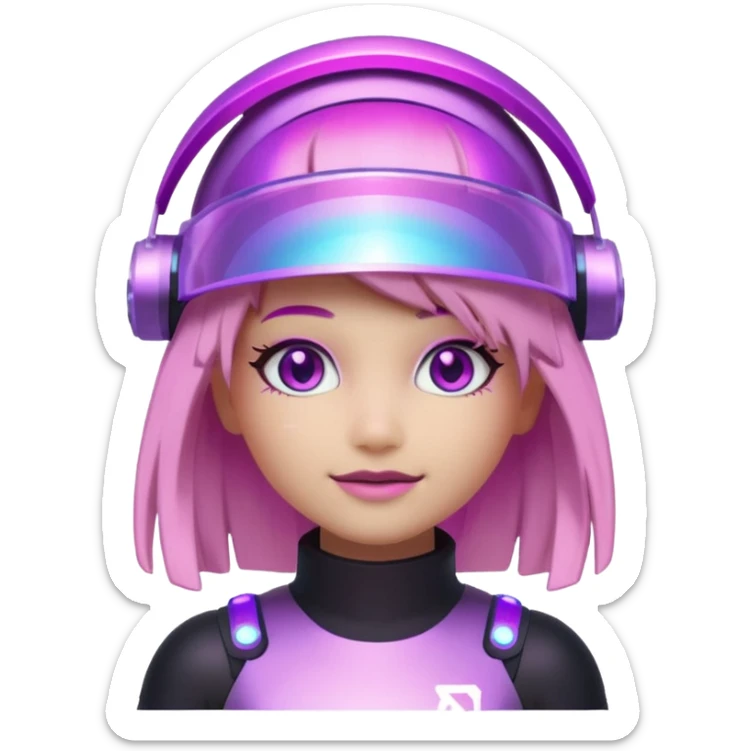 “Futuristic Roblox girl emoji, 2050 style. Pink-purple holo visor, light-strand hair, digital eyes sparkle, metallic pastel glow, neon aura background.” sticker