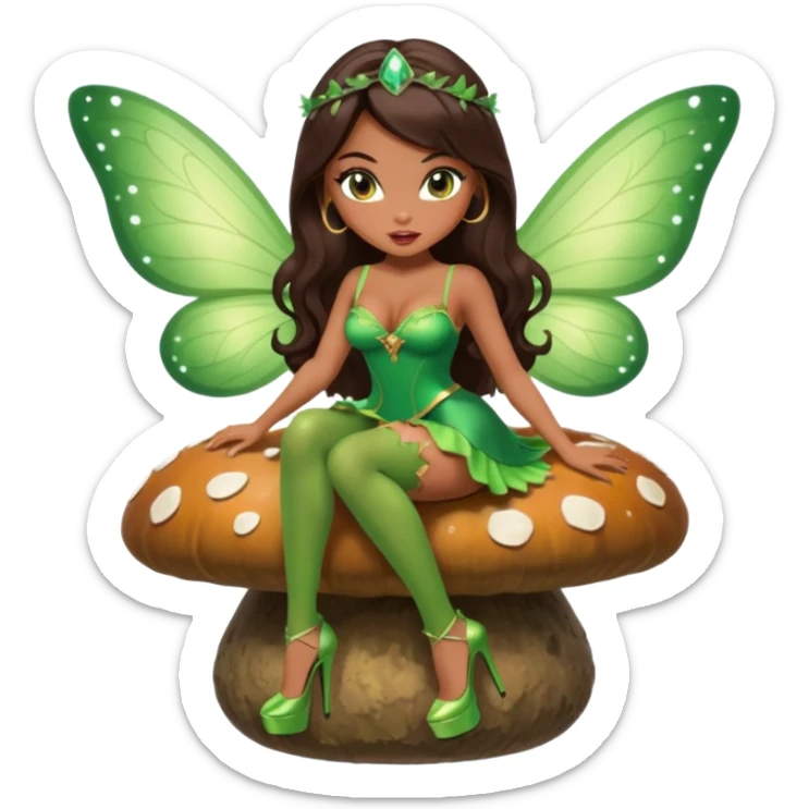 A sexy, super pretty bratz girl with caramel skin. Huge tits. Dark brown hair and brown eyes. She has freckles. Wearing sexy makeup. Wearing a green fairy costume and heels and flying nsfw sitting on a mushroom sticker