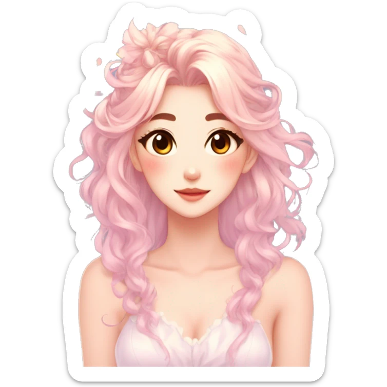 Gorgeous pastel anime style lady with blushing face and hair garnitures and pretty hair aesthetic trending style sticker