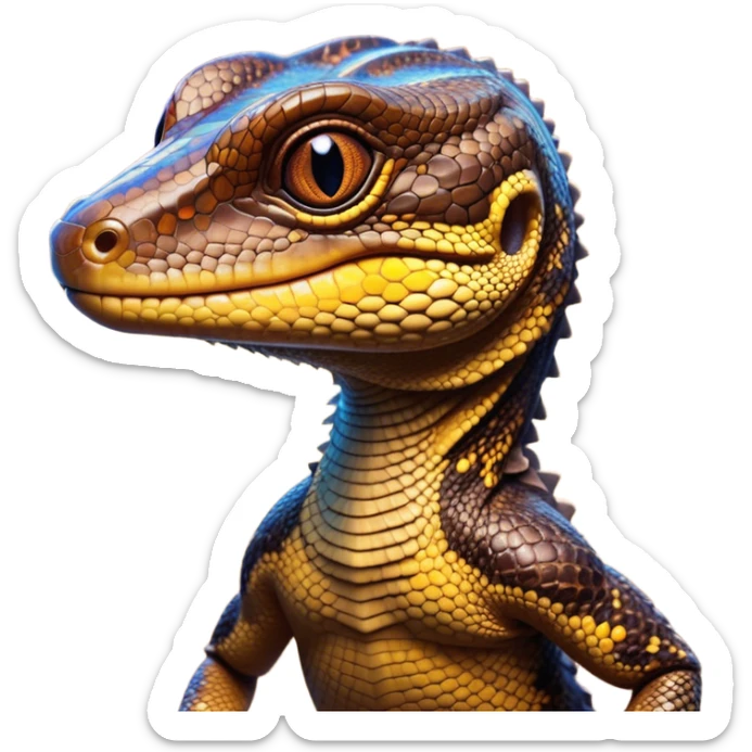 Cinematic Cute brown camo spotted monitor Lizard Portrait Emoji, Head tilted playfully and inquisitively, with a sleek, patterned body accented by vibrant hues and round, sparkling eyes full of wonder, Simplified yet irresistibly adorable features, highly detailed, glowing with a warm, friendly glow, high shine, affectionate and lively, stylized with a touch of exotic charm, bright and endearing, soft glowing outline, capturing the essence of a mischievous yet captivating lizard that seems as if it could scuttle out of the screen into your arms! sticker