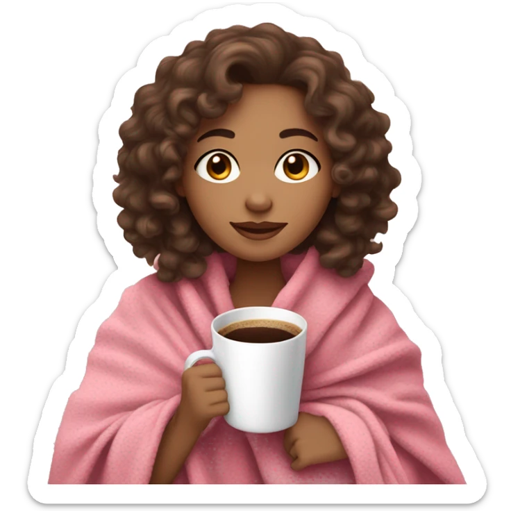 light skin Brunette girl with curly hair in a cozy pink blanket while drinking coffee sticker