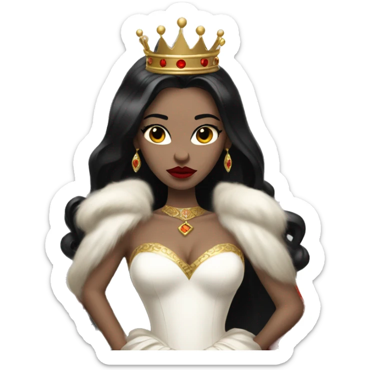 Queen with pale skin, long black hair, bright red lips, skinny gold crown, white dress, and evil stare.  sticker