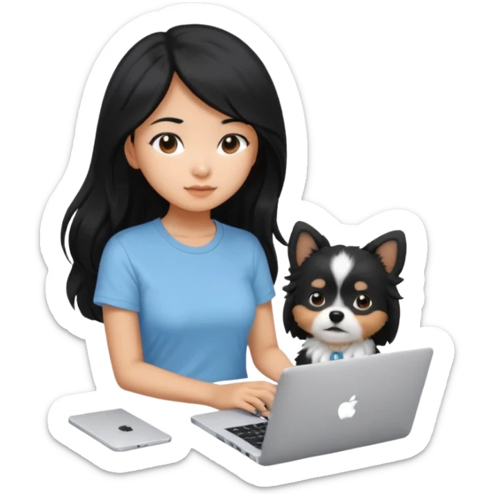 Asian girl with long black hair, wearing a light blue t-shirt, working on an Apple laptop, beside a small black and white dog sticker