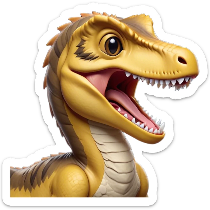 Cinematic Cute Yawning jurassic park Velociraptor Portrait Emoji, Head tilted slightly with a dramatic, wide-open yawn, showcasing a lean, powerful body with a relaxed snout and sleepy, half-closed eyes that hint at both ferocity and fatigue, Simplified yet irresistibly cute features, highly detailed, glowing with a soft, cozy prehistoric glow, high shine, relaxed yet expressive, stylized with a hint of whimsical ancient ease, soft glowing outline, capturing the essence of a drowsy yet endearing jurassic park Velociraptor that appears ready to stretch and yawn its way out of the screen! sticker