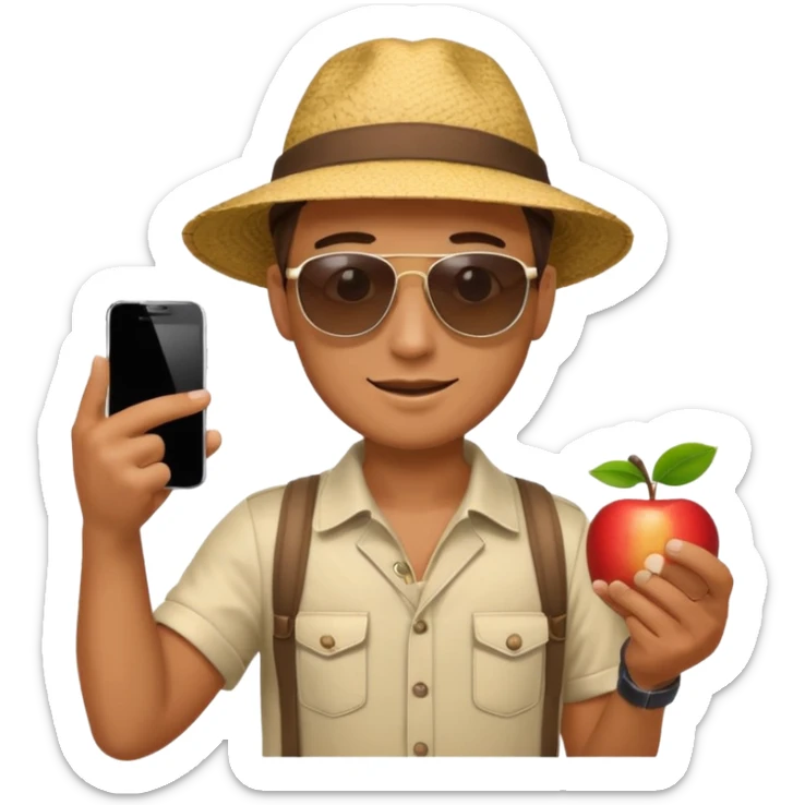Draw a male tourist who pointed his phone for a photo. In the style of an Apple emoji sticker
