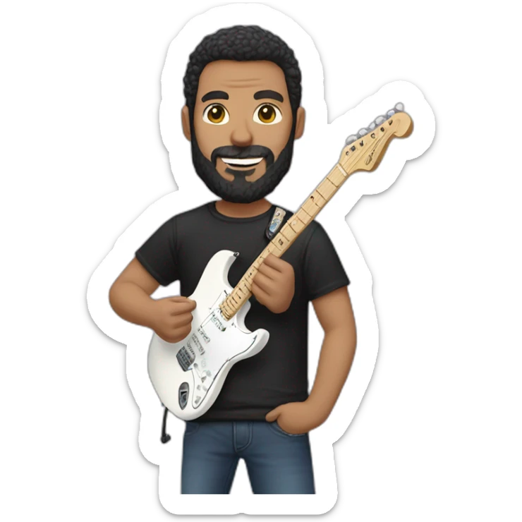 white man with dark beard and black t shirt and pastel pink stratocaster electric guitar sticker