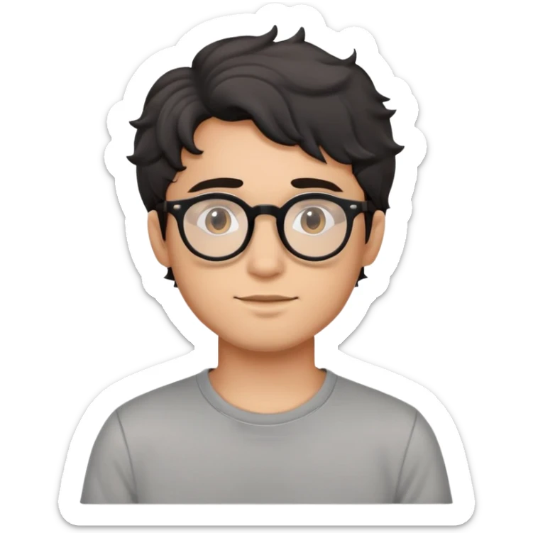 Young man with black wavy hair, round glasses, casual grey t-shirt sticker