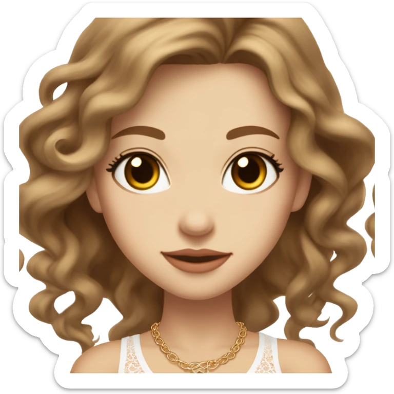 fair-skinned girl with light brown, almond-shaped eyes and long lashes. long, light brown hair styled in a voluminous, wavy blowout. wearing a delicate white lace tank top and a dainty gold necklace, creating an elegant and feminine look. sticker