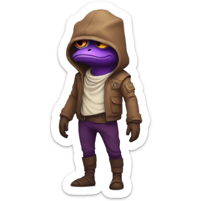 Pepe is cute in full height in brown and purple tones, stylish, brutal in a komonaut costume sticker