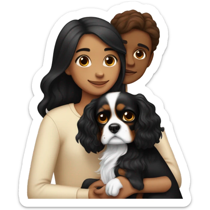 girl with black hair, and light skin, hugging two black and brown cavalier king charles spaniel  sticker