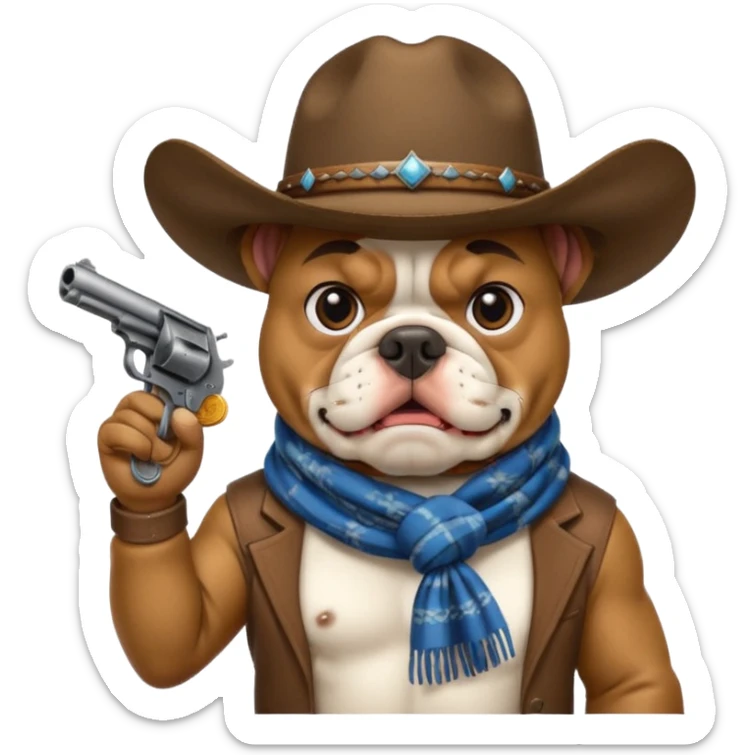 A bulldog wearing a cowboy hat, covering his mouth with a scarf so he wouldn't be recognized, pointing a revolver at you, telling you to hand over your money. sticker